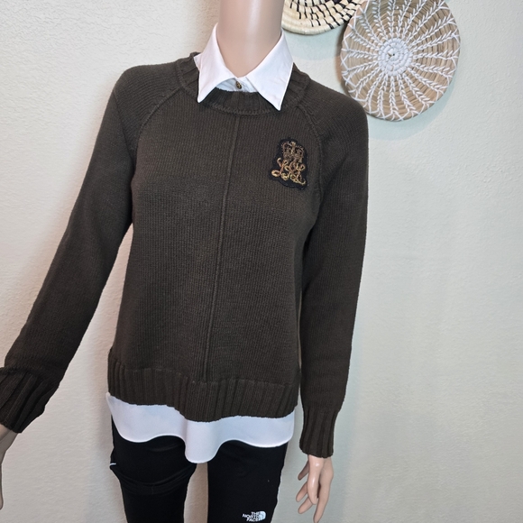 LAUREN RALPH LAUREN Womens Sweater Layered Bullion Patch Logo Brown Small - Picture 13 of 16